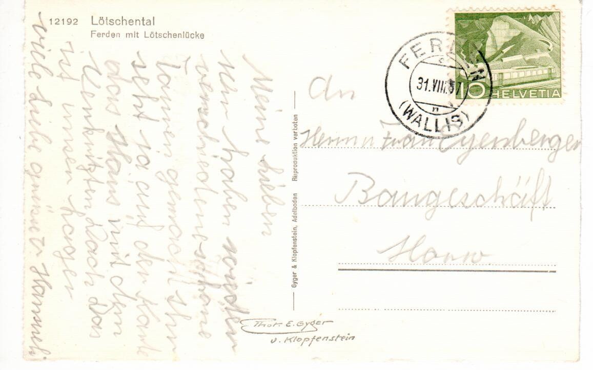 Ansichtskarten: Lötschental - Ferden  1957 – Gebraucht aus Wolhusen von Curver9 1