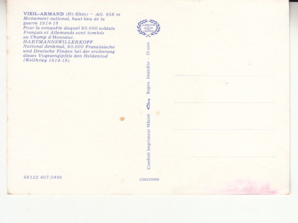 Cartoline postali: Hartmannswillerkopf ca.1970 – Usato da Bürglen TG venduto da StampGraf 1