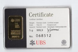 (2965) Goldbarren 5 g, UBS, kinebar