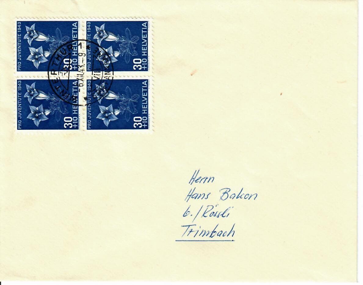 Alle Briefmarken: Brief mit PJ 4er Block 1943 – Gebraucht aus Hochdorf von Ziegel-16