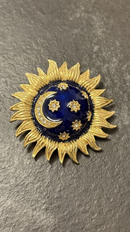 Broche Vintage Soleil étoiles Lune - Bronze Doré, Angleterre XXème Siècle, Occasion
