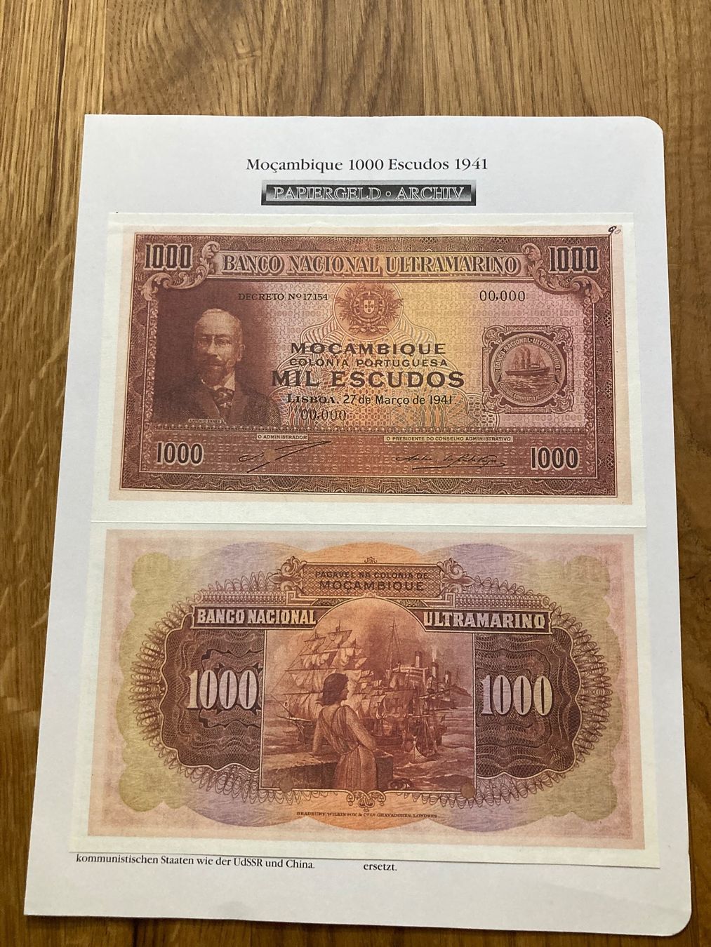 Banconote: Billet de Moçambique reproduction UNC – Nuovo e nell'imballaggio originale da Villars-sur-Glâne venduto da Graca03