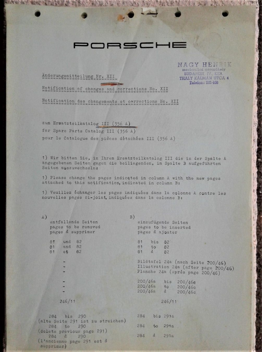 Porsche Documenti: Porsche 356 A - Änderungsmitteilungen / Notifications cat. – Usato da Lausanne venduto da LasloH 4