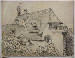 Bleistiftzeichnung eines Schlösschens, signiert, um 1915
