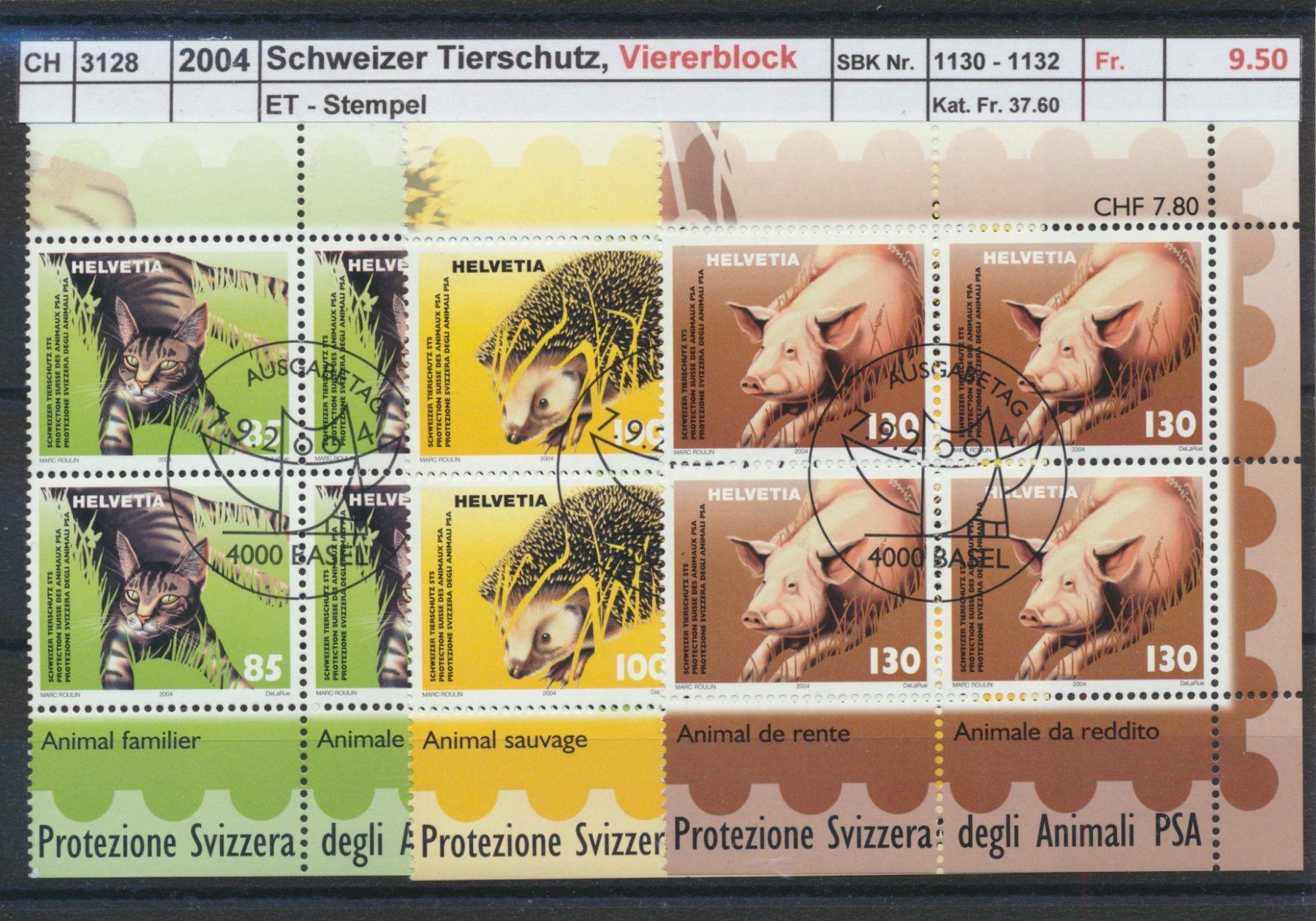 Tutti i francobolli: 2004 "Schweizer Tierschutz", Viererblock, ET - Stempel – Usato da Winterthur venduto da Zupogeru