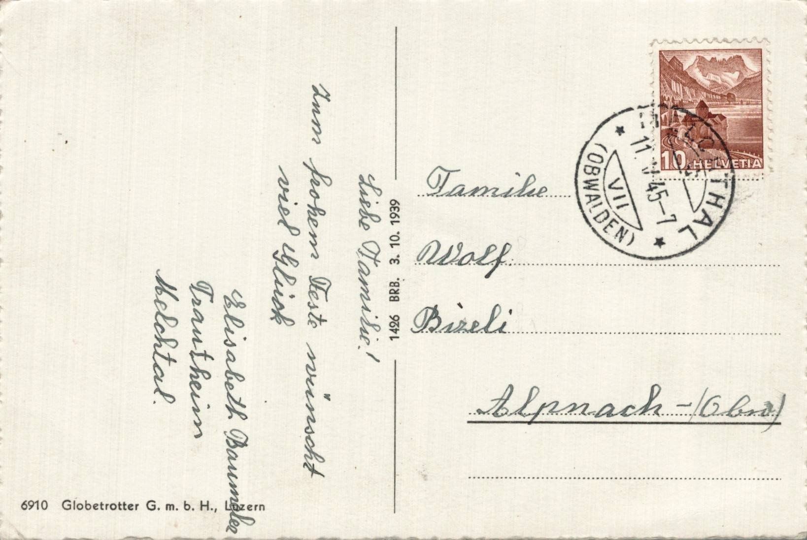 Cartoline postali: Alte Ansichtskarte Melchtal Obwalden, gel. 1945 – Usato da Luzern venduto da Kartenansicht 1