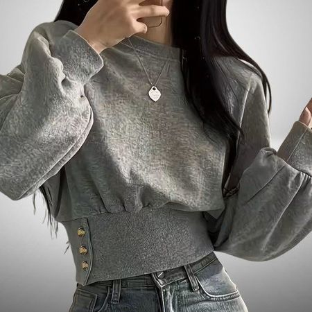 ✨ Damen T-Shirt grau tailliert Knopfleiste, L (40/42) 💫