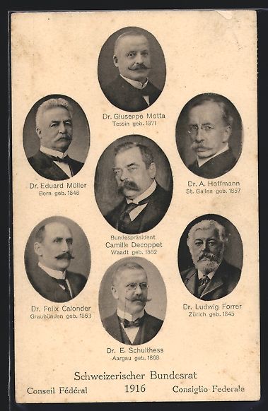 Cartoline postali: Schweiz, Mitglieder des Bundesrates 1916 – Usato da Berlin venduto da bartko-reher