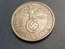 🇩🇪 Third Reich: 2 Reichsmark 1938 B Hindenburg. Silver