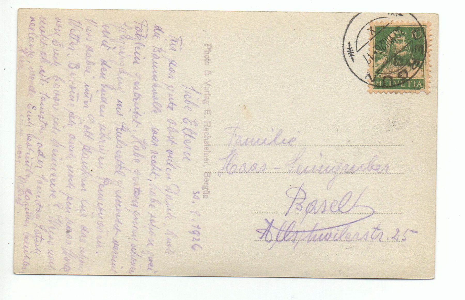 Cartoline postali: BERGÜN gel. 1926 n. Basel – Usato da Jona venduto da philajona 1