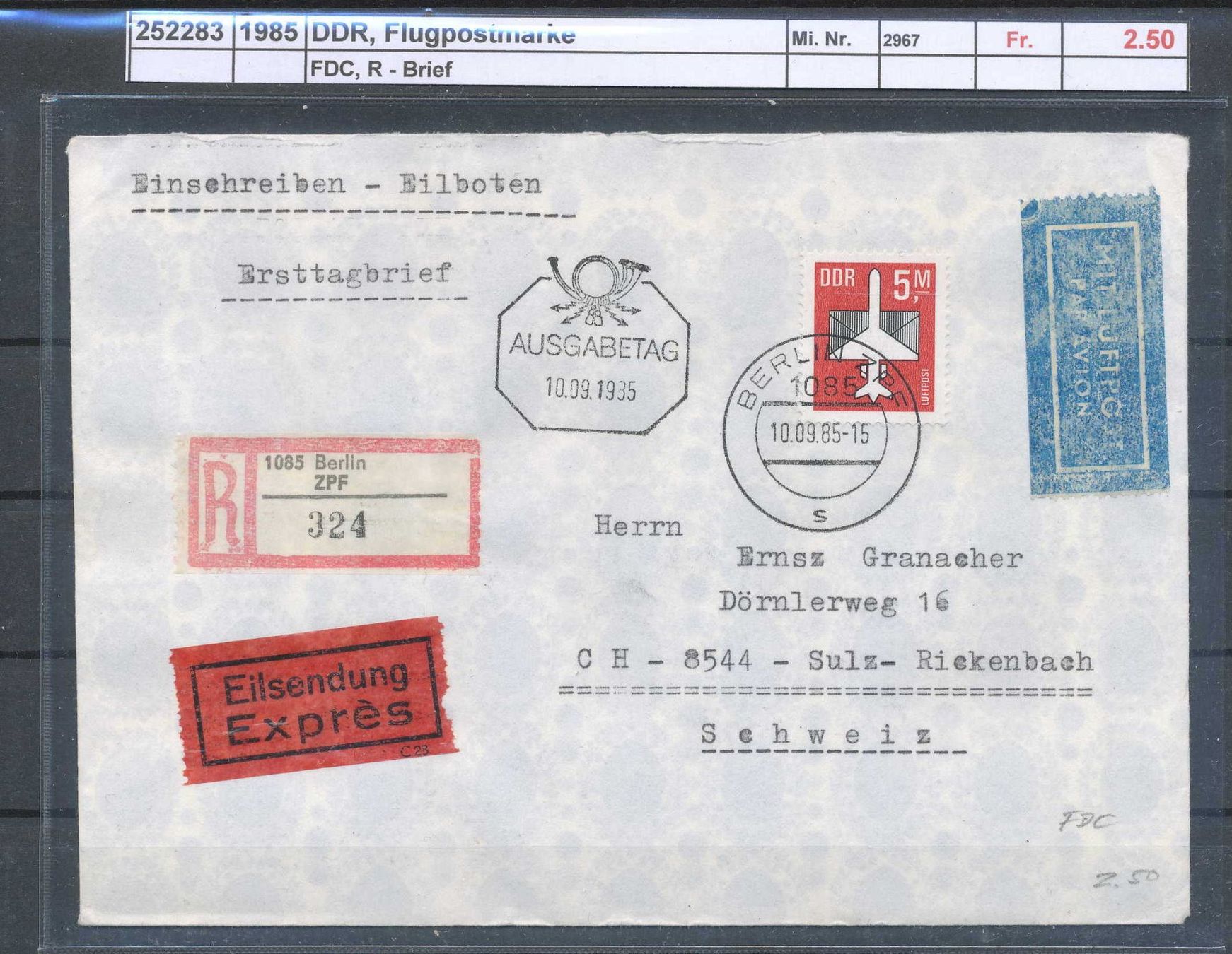 Tous les timbres: 1985 DDR, Flugpostmarke, FDC, R - Brief – D'occasion à Winterthur par Zupogeru