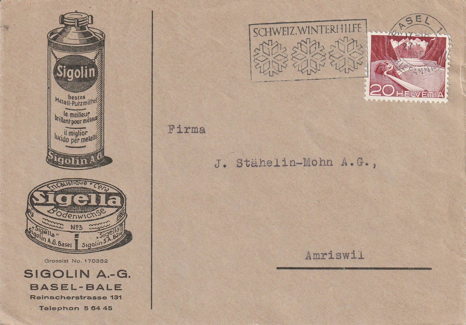 Tutti i francobolli: Basel-Briefteilvorderseite mit Werbung Sigolin- 1954 – Usato da uttwil venduto da Koehlerfred