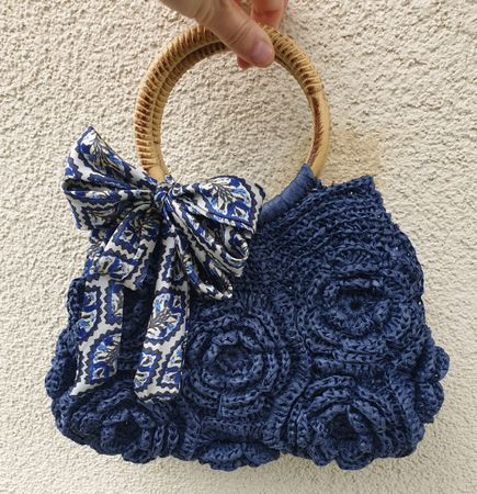 Handgefertigte Raffia-Tasche – dunkelblau, Boho Chic, Unikat