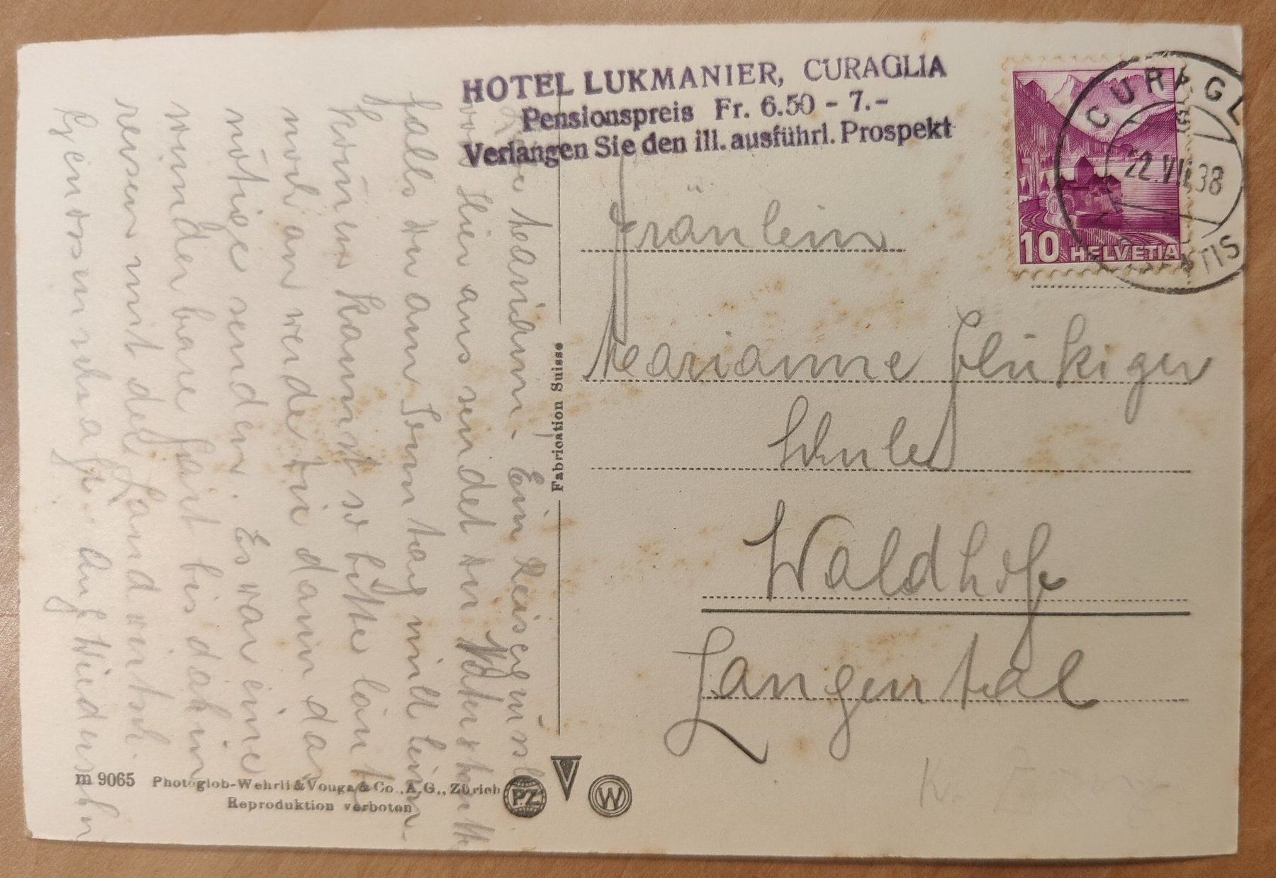 Cartoline postali: Curaglia  mit Hotel Werbung um 1935 – Usato da St. Erhard venduto da Chaeferli6 1