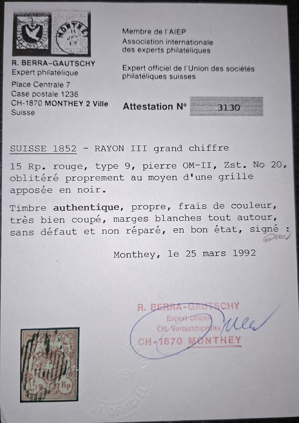 Tutti i francobolli: Rayon Nr 20 Typ 9 OM - II mit Attest – Usato da Balgach venduto da SIMEON27 2