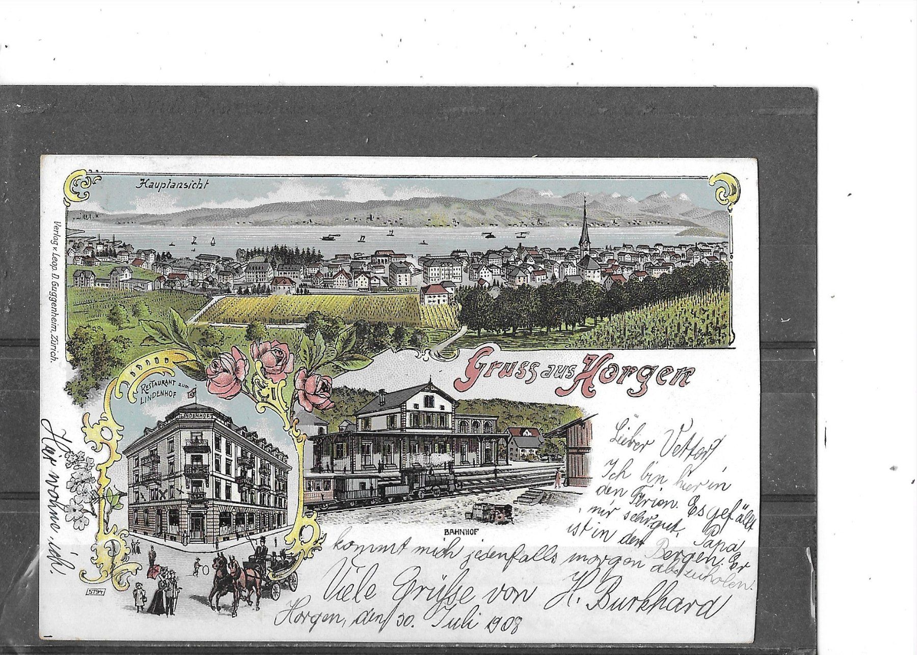 Cartoline postali: ZH Gruss aus Horgen 1908 (Litho) mit  Bahnhof – Usato da Schocherswil venduto da Wilare