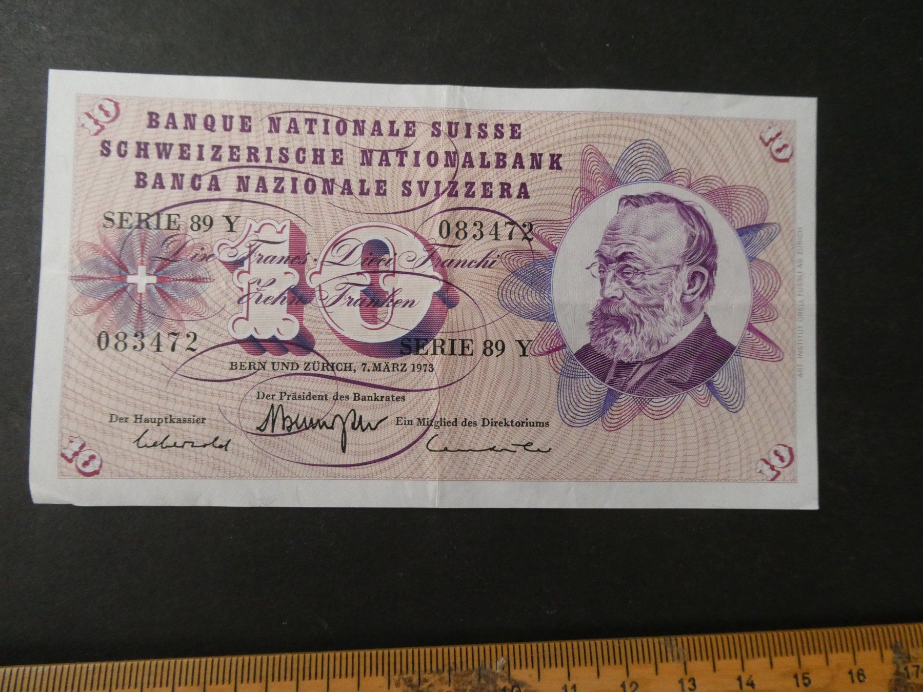 Banknoten: Schweiz 1973, 10 Franken – Gebraucht aus Hinterforst von Rohusri
