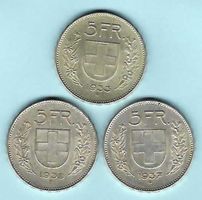1933,1937+1939 Lot 3x 5 Franken Silber, vorz. (15959)