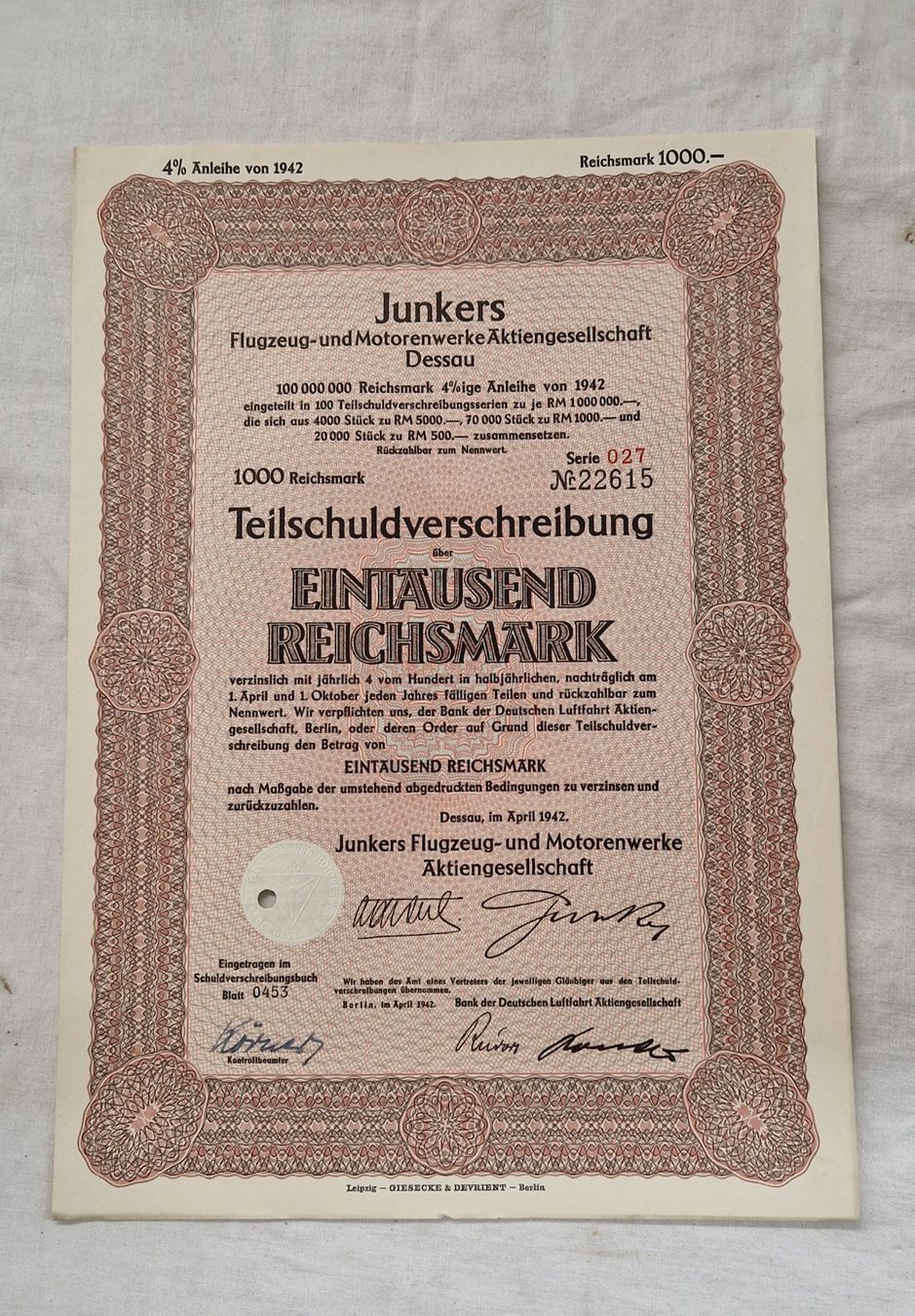Documenti: JUNKER TEILSCHULDVERSCHREIBUNG SERIE 027 – Usato da Bilten venduto da Mic2022