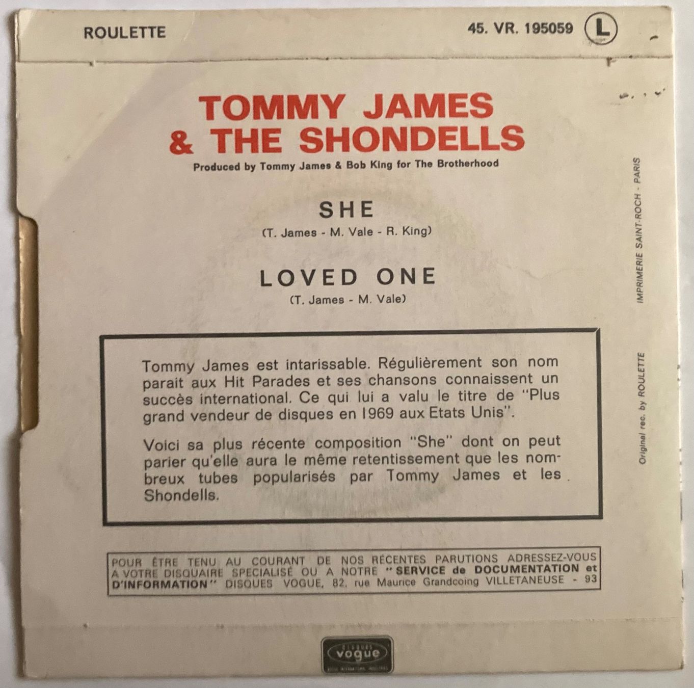 Dischi in vinile: TOMMY JAMES & THE SHONDELLS - SHE – Usato da Poliez-Pittet venduto da Newtown-Records 1