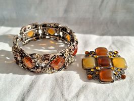 Lot bracelet et broche vintage couleur ambre