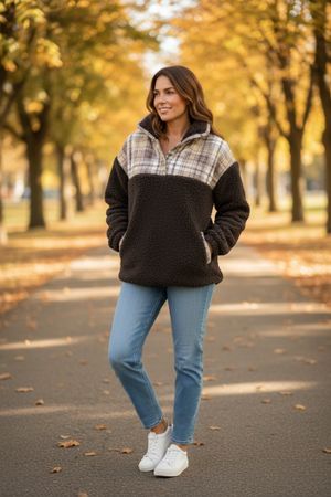 Damen Teddy Sweatshirt kariert braun l xl