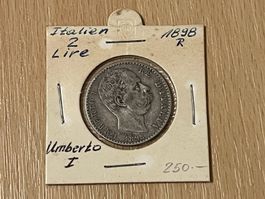 ITALIEN 2 Lire 1898 UMBERTO I. RAR!!! Silber (Vorzüglich+)