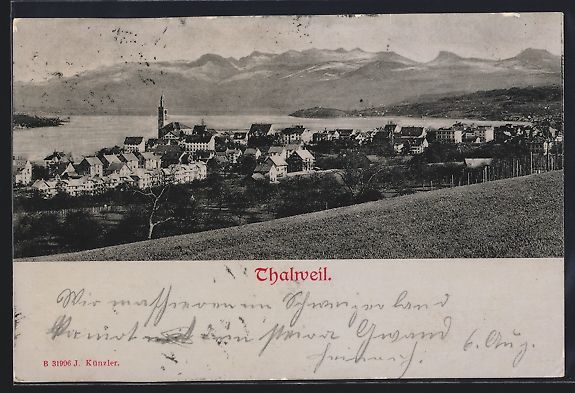 Cartoline postali: Thalweil, Ortsansicht mit Bergpanorama – Usato da Berlin venduto da bartko-reher