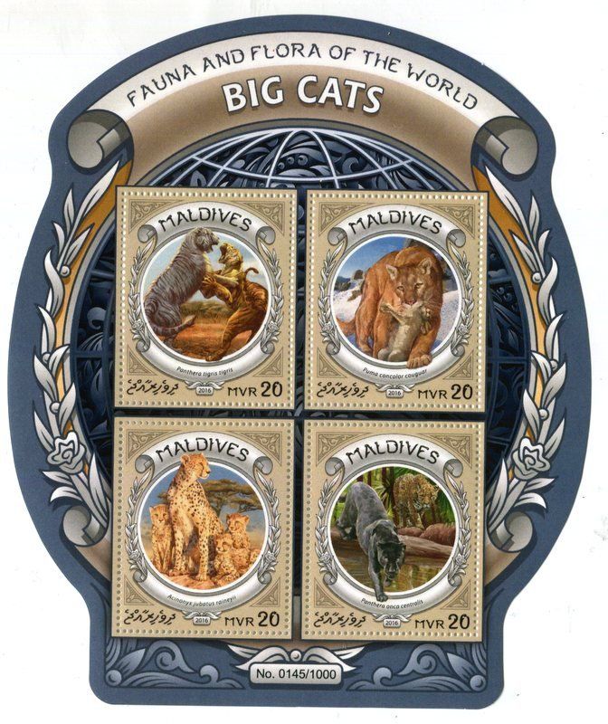 Alle Briefmarken: Block "Tiger, Puma, Jaguar, Gepard". Malediven – Neu und originalverpackt aus Basel von Butsch5