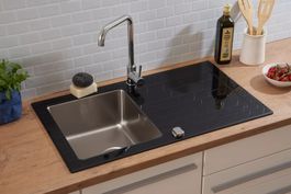 1020 - Glas Küchenspüle Edelstahl NewYork 86x50cm Schwarz