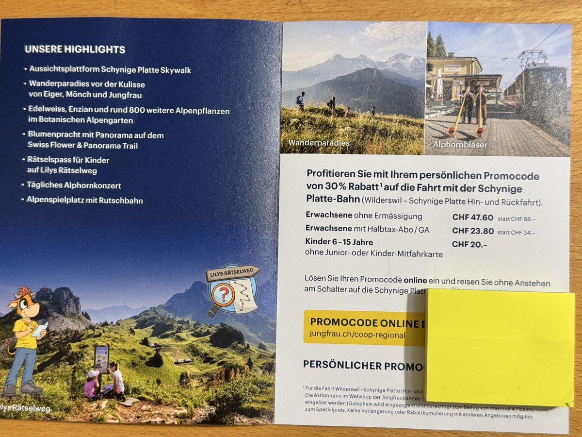 Buoni: Schynige Platte Rabatt - 30% Fahrt mit Bahn – Nuovo (secondo la descrizione) da Galmiz venduto da Wichtel25 1