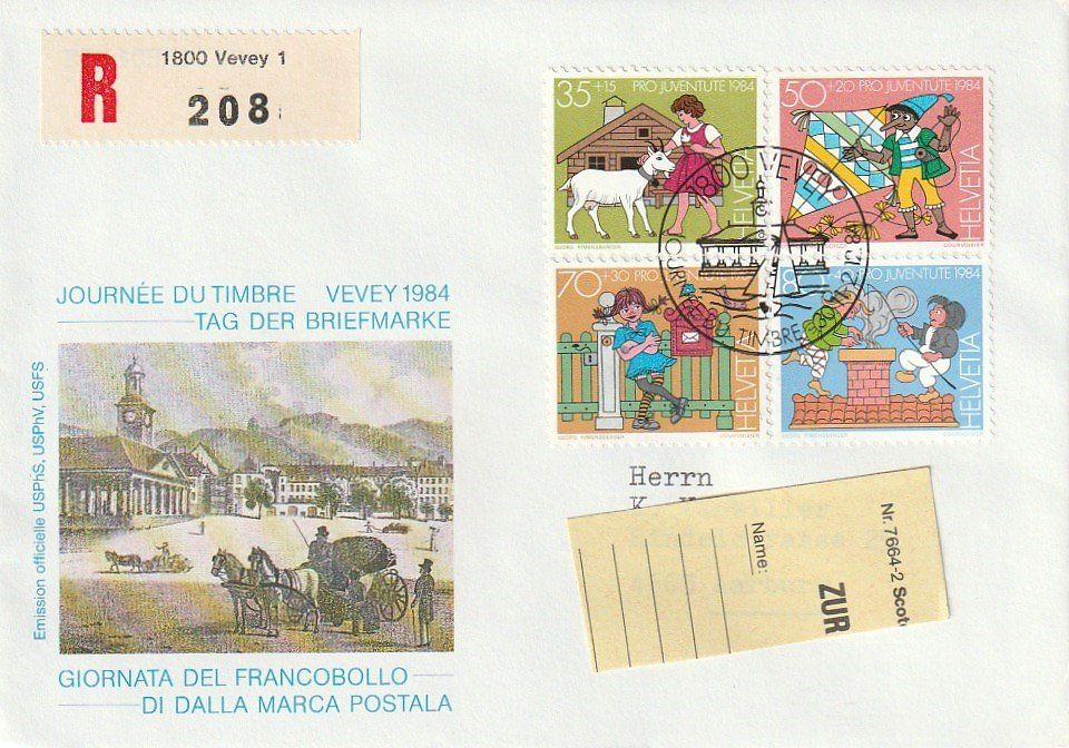 Tutti i francobolli: Tag der Briefmarke 1984, Vevey, Umschlag – Usato da Aarburg venduto da Aare10