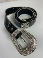Schwarzer Ledergürtel mit Strass-Schnalle Gr. L
