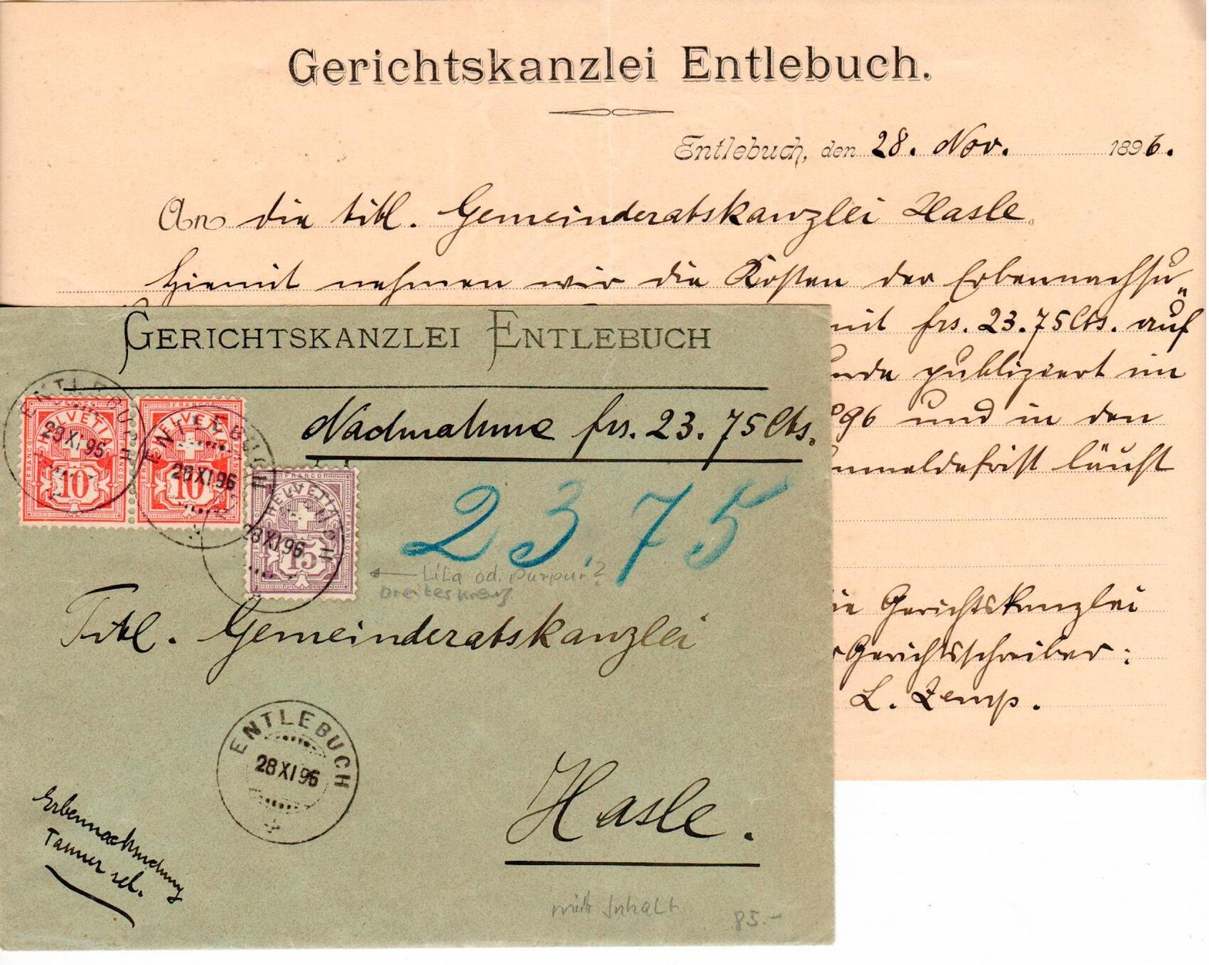Tutti i francobolli: Brief, Gerichtskanzlei Entlebuch 1896 – Usato da Wolhusen venduto da Curver9
