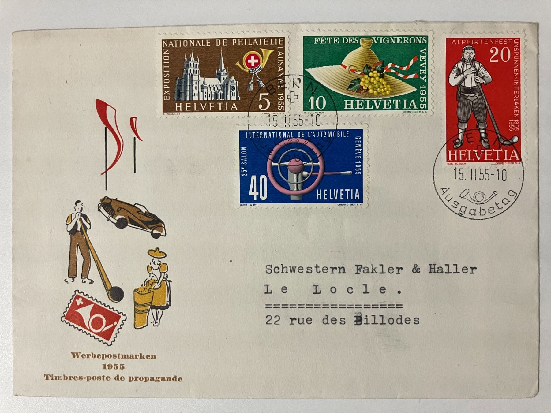 Tutti i francobolli: FDC Kat. 320-23, 1955, illustrierter Brief – Usato da Würenlos venduto da Eulenpostuhu