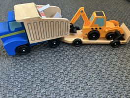 Wooden Toy Truck with Excavator and Trailer