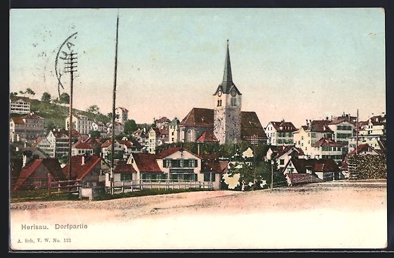 Cartoline postali: AK Herisau, Dorfpartie mit Kirche, 1918 – Usato da Berlin venduto da bartko-reher