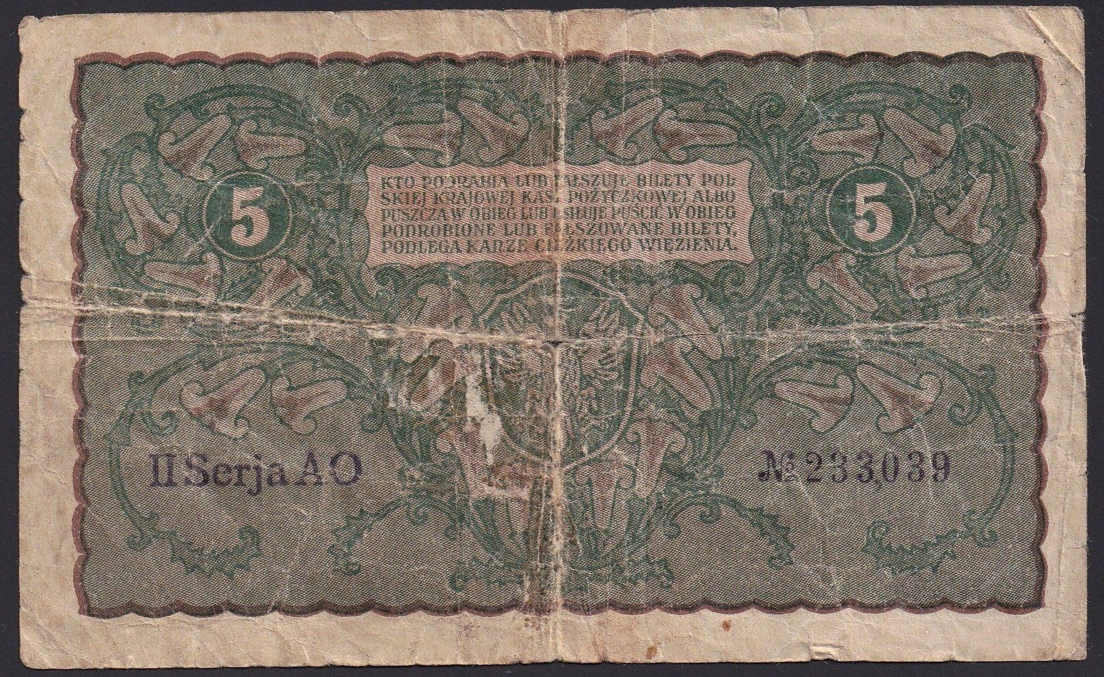 Banconote: Polen 5 Marek 1919 – Usato da Brugg AG venduto da banknoten_muesli 1