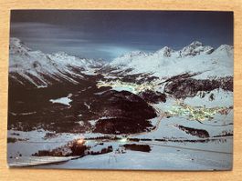 Postkarte Muottas Muragl Nacht Skipisten 1993, beschriftet