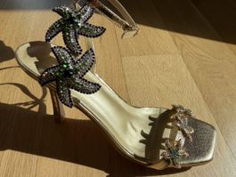 Elegante goldene Sandalen mit Strass Seestern, Grösse 9/40