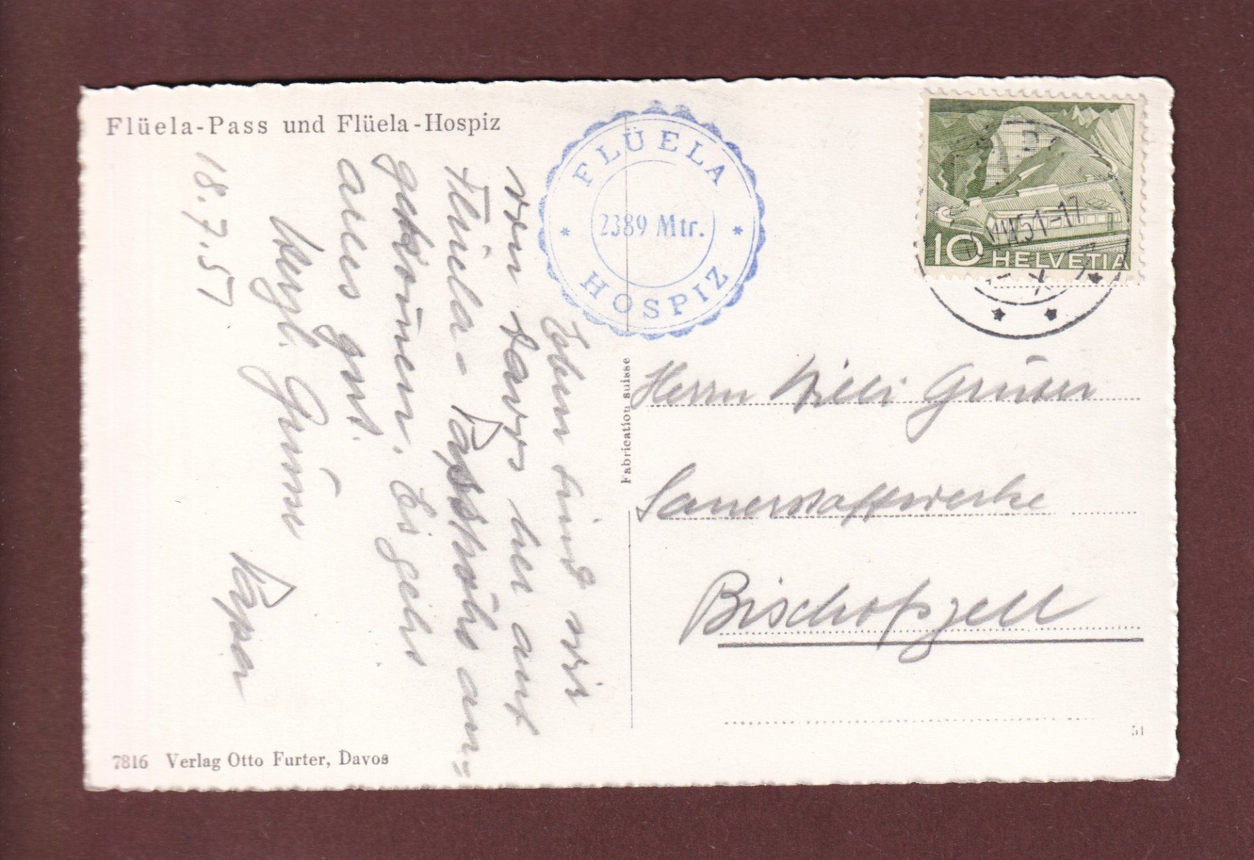 Cartoline postali: FLÜELA-PASS - Hospiz - 1951 – Usato da Pully venduto da nicecards 1