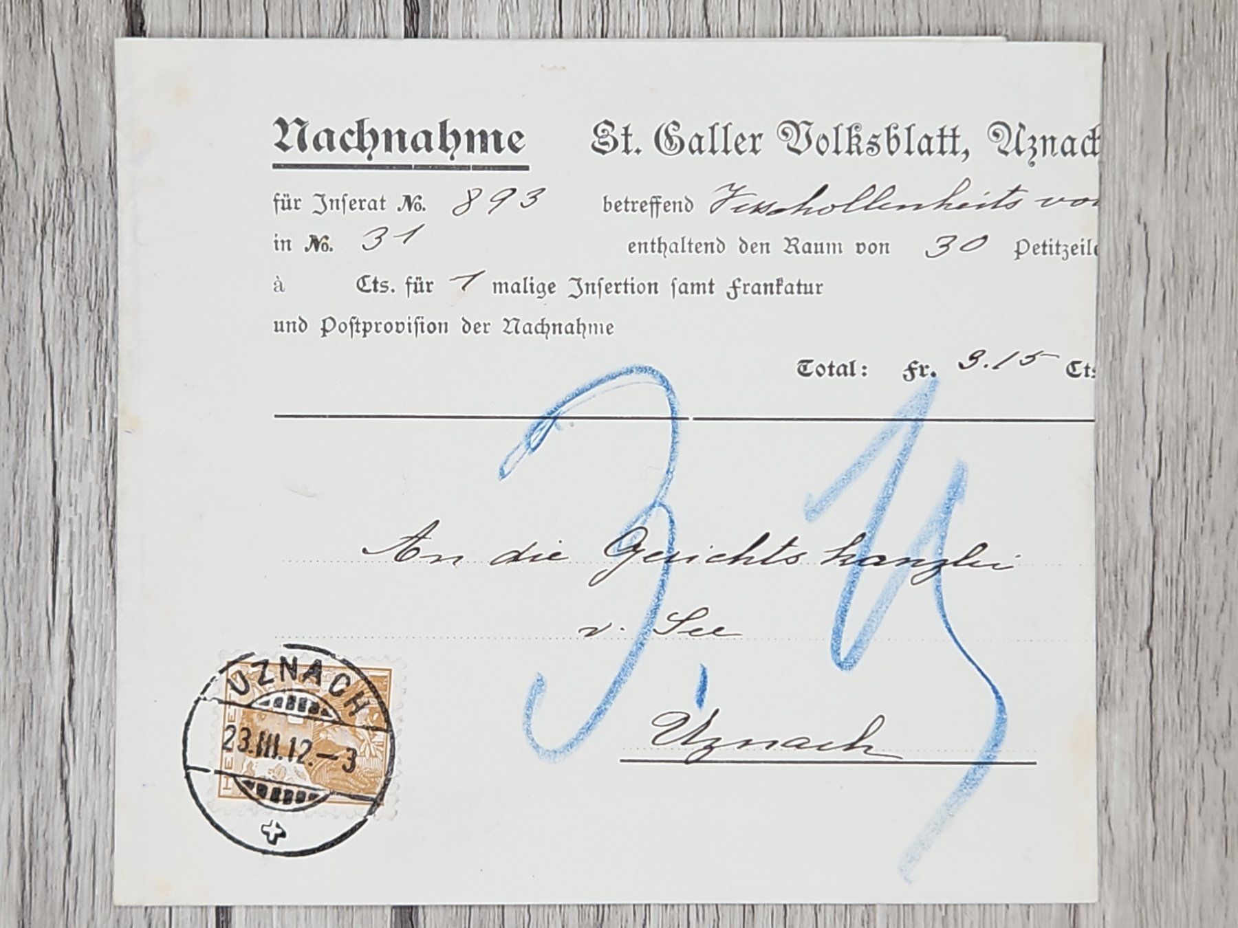 Tutti i francobolli: CL13 Document + Timbre Suisse 1912 – Usato da Cousset venduto da Patrick_Collections
