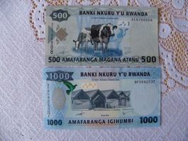 Ruanda Banknoten Set, 500 & 1000 Francs 2013/15, Unc Zustand