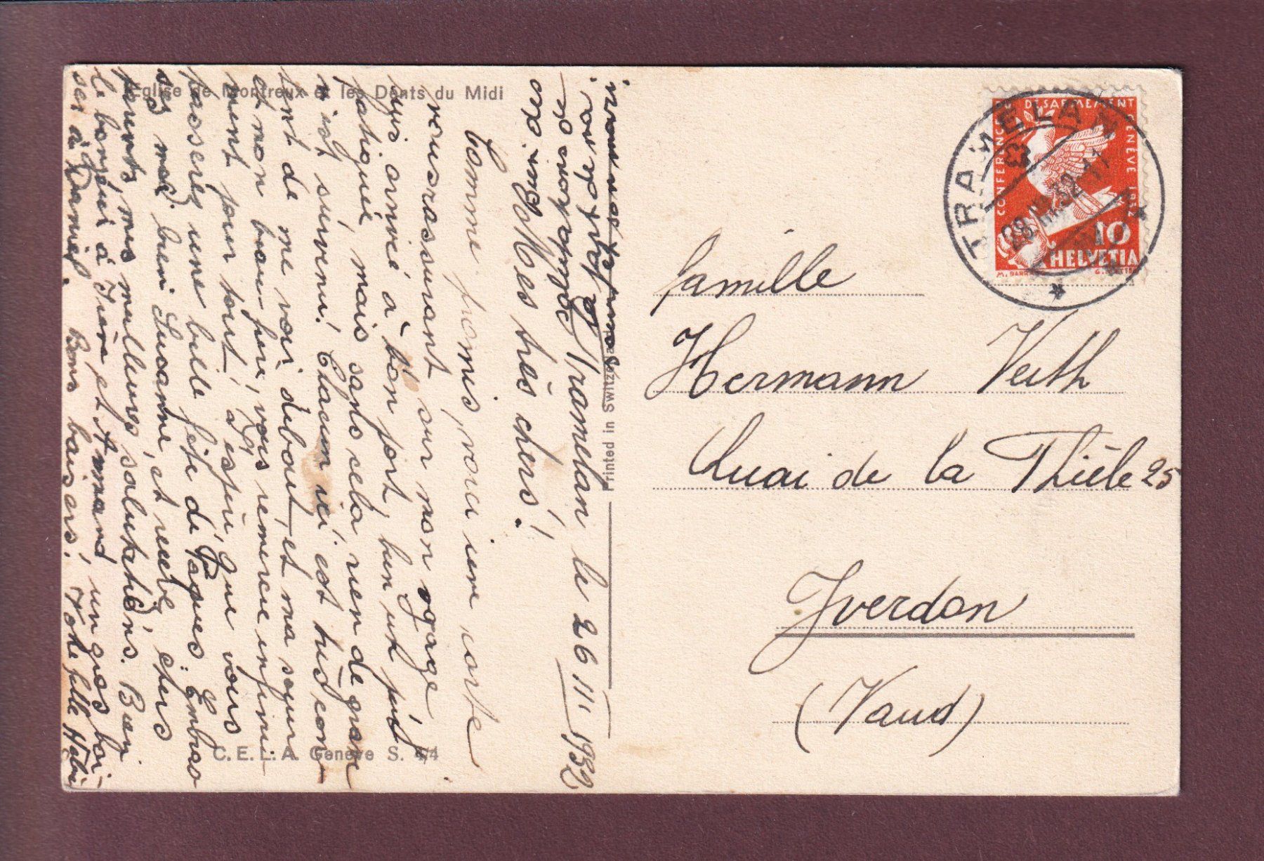 Cartoline postali: MONTREUX - Eglise par Djaneli - 1932 – Usato da Pully venduto da nicecards 1