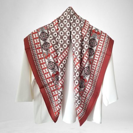 NEW 90cm Silk Twill Scarf, Double Side Print Red Ochre Silk