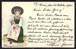 Litho Dame in schweizer Tracht mit gross