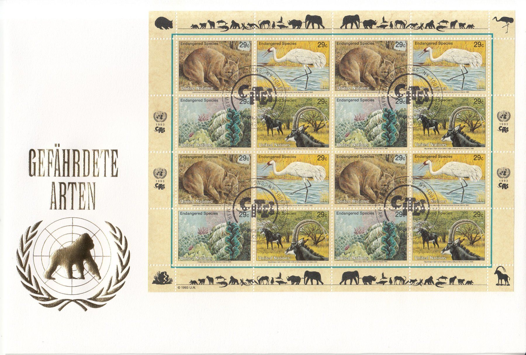 Tutti i francobolli: Gefährdete Arten, UNO 9 Grossbriefe 1993 - 1995 – Usato da Bürglen TG venduto da StampGraf 8