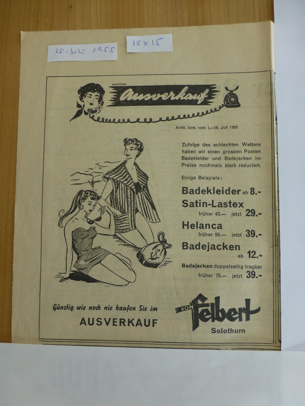 Poster & Bilder: Bademode Werbung Zeitungsinserat 1955, Solothurn – Gebraucht aus Bettlach von 1saurer