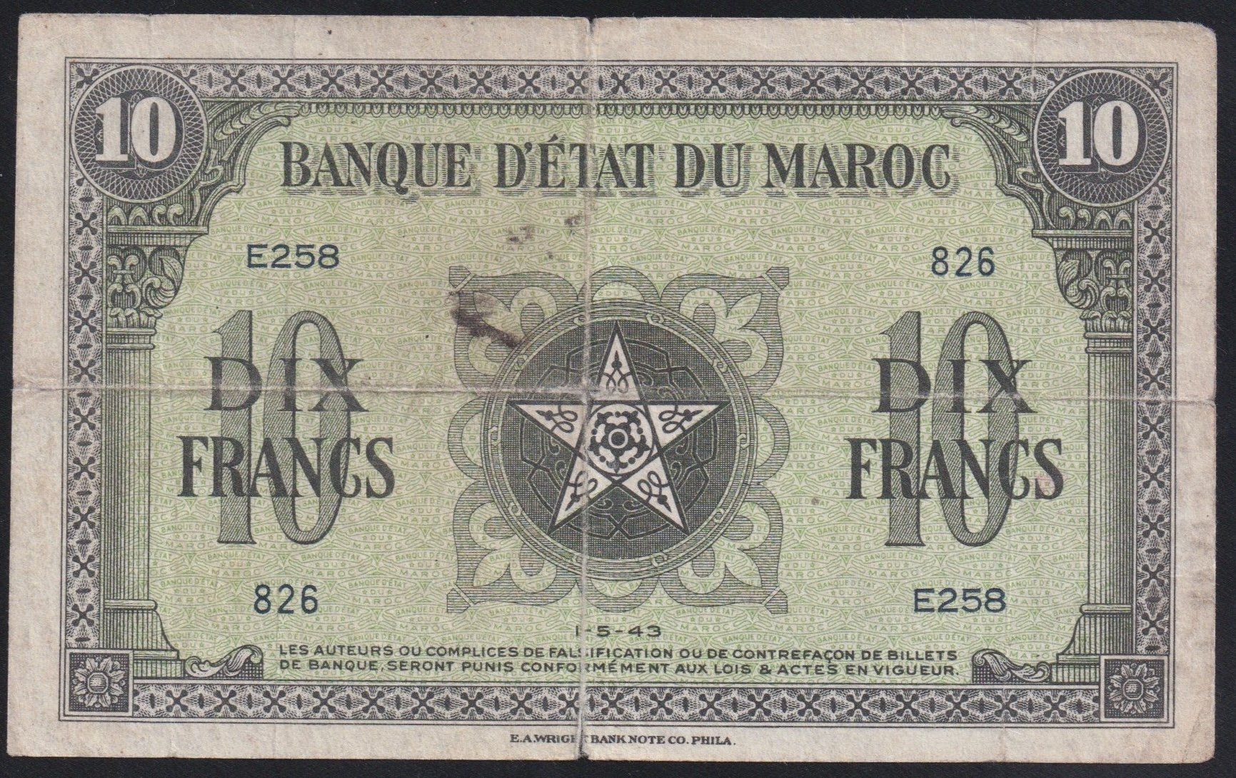 Banconote: Marokko 10 Francs 1943 – Usato da Brugg AG venduto da banknoten_muesli