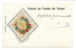 Seidenkarte - gestickt - Festgruss den Turn-Freunden - 1902